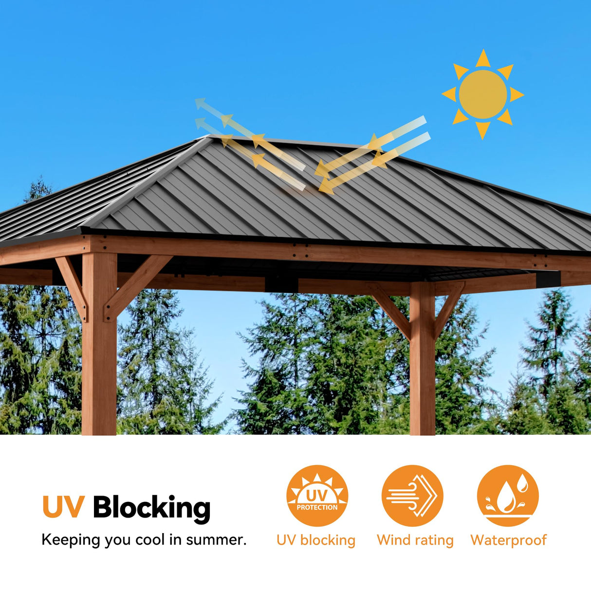 Modern Shade Tranquil Grove Wood Gazebo 12' x 16', Permanent Grill Gazebo with Galvanized Steel Hardtop Roof, Cedar Framed Wooden Pavilion for Garden, Backyard Modern Shade Outdoor Living Spaces