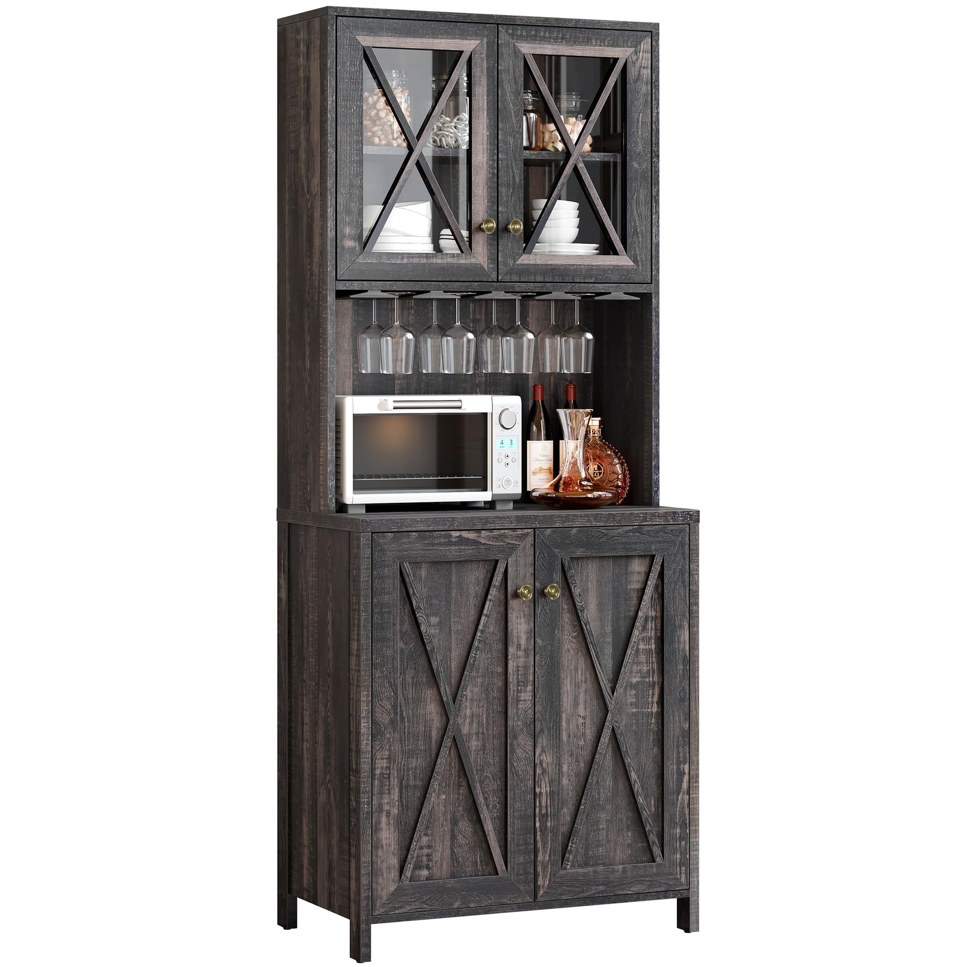 YITAHOME Farmhouse Bar Cabinet for Liquor and Glasses, 67'' Tall Freestanding Kitchen Cabinet with Wine Rack ＆ Glass Cabinet Doors, Open Storage Shelves for Dining Room, Hallway, Dark Rustic  - WoodArtSupply