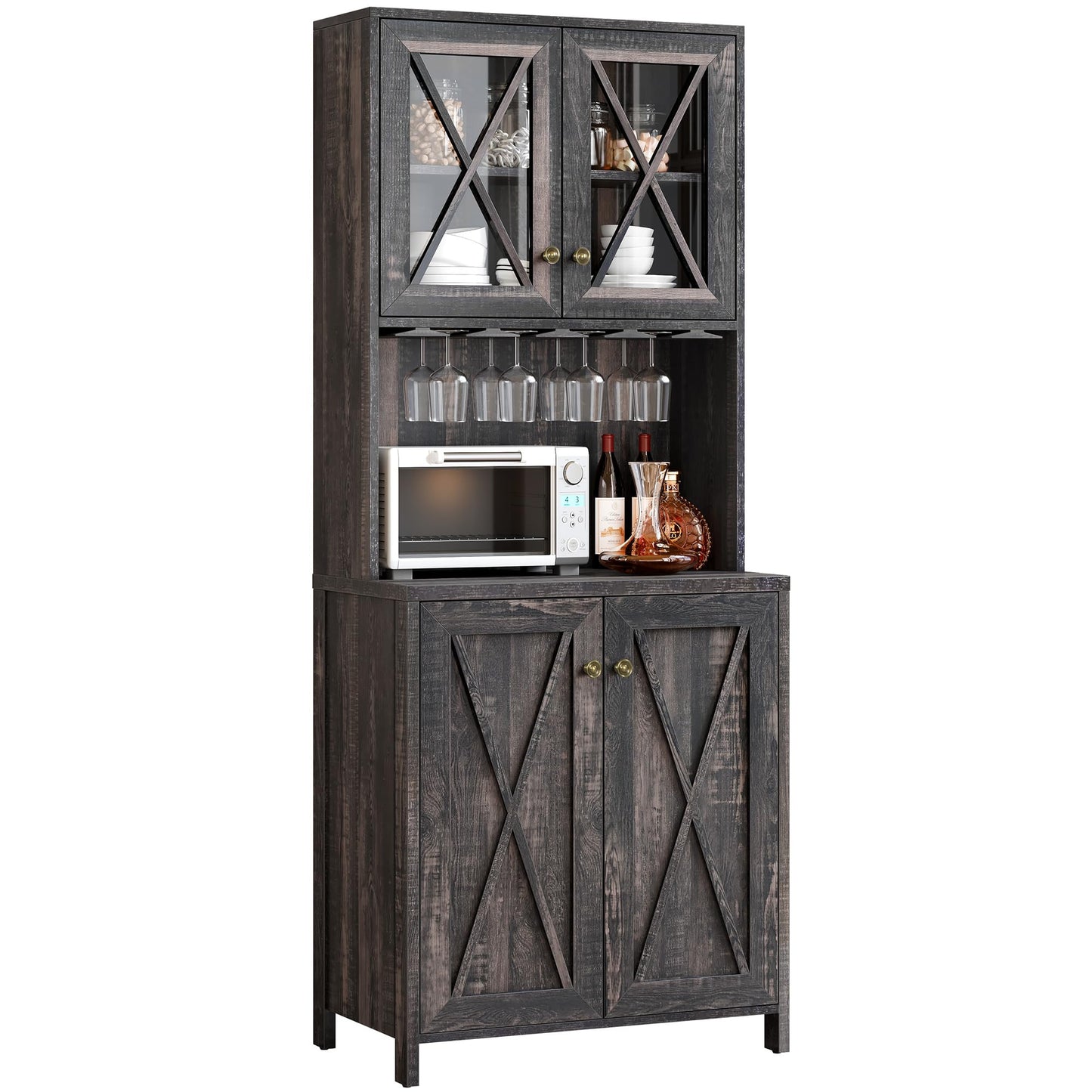 YITAHOME Kitchen Pantry Cabinet Storage with Microwave Stand, 67'' Tall Pantry Buffet Cabinet w/Acrylic Glass Doors and Glass Holder, Freestanding Hutch Cupboard for Home, Kitchen, Dark Rustic Oak