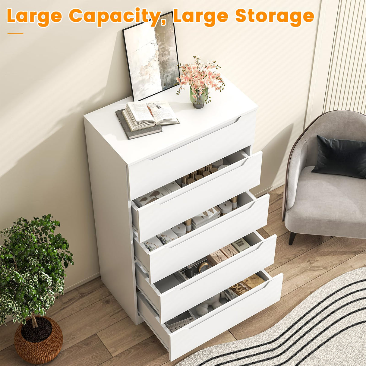 Winkalon White 5 Drawer Dresser for Bedroom, 48" H Tall Modern Chest of Drawers, Wood Storage Dresser with Deep Drawers for Living Room Hallway Entryway, White Winkalon
