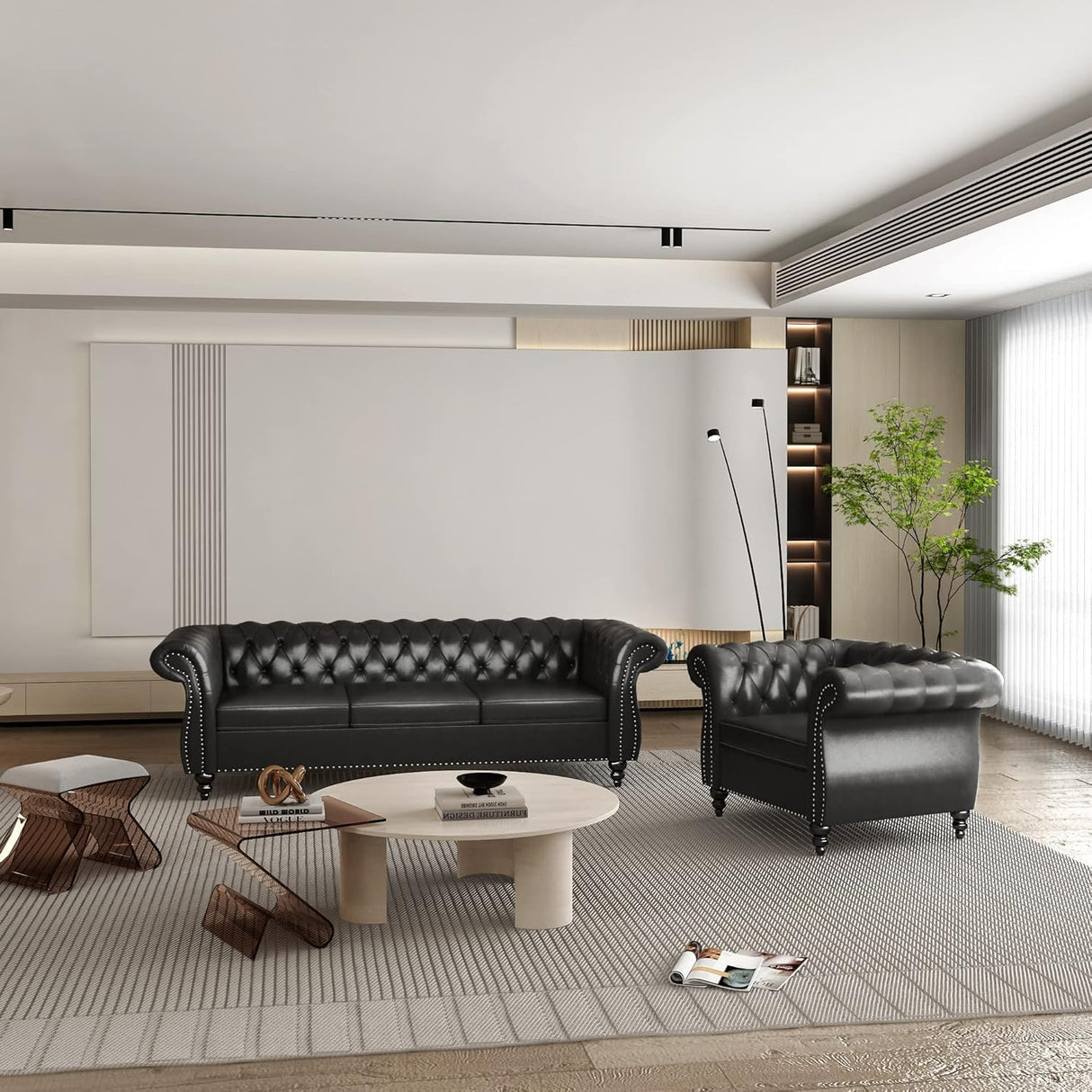 RUSTYER Chesterfield 3 Seater Sofa, Modern Leather Tufted Couch 3 Seater with Rolled Arms and Nailhead Mid-Century Upholstered Couch for Living Room, Bedroom, Apartment and Office, Black RUSTYER