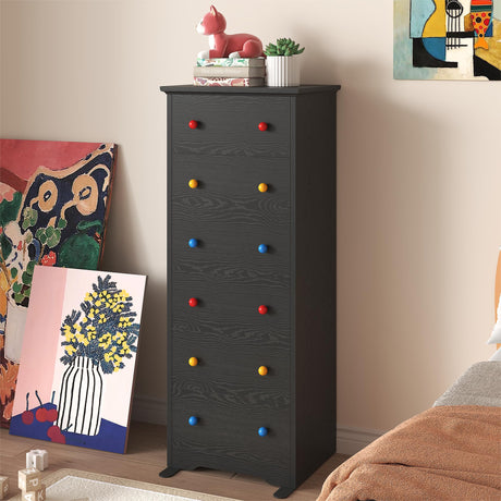 LIKIMIO Tall Skinny Dresser, 6 Drawer Dresser Tall with Colorful Handles, Chest of Drawers for Bedroom, 51.5" H Modern Wooden Storage Cabinet with Metal Sliding Rail, Black LIKIMIO