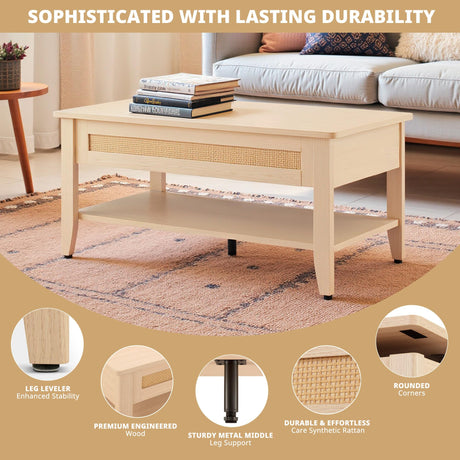 Ink+Ivy Wood Lift Top Coffee Table with Hidden Compartment and Large Storage Shelf, Boho Modern Rattan Dining Rectangle Center Table for Home Living Room Office, 34.5" W, Natural INK+IVY
