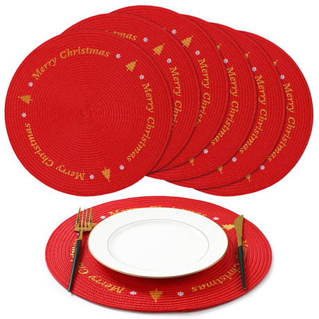 Tioncy 6 Pcs Plastic Christmas Placemats Round Snowflake Red Placemats 13.4 Inch Winter Xmas Tree Table Mat Washable Place Mat for Christmas Party Holiday Kitchen Dining Table Tioncy