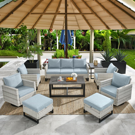 HUMMUH 9 Piece Patio Furniture Set All Weather PE Wicker Outdoor Sofa,Patio Chairs,Swivel Rocker Chairs,Tables for Porch,Garden,Backyard HUMMUH