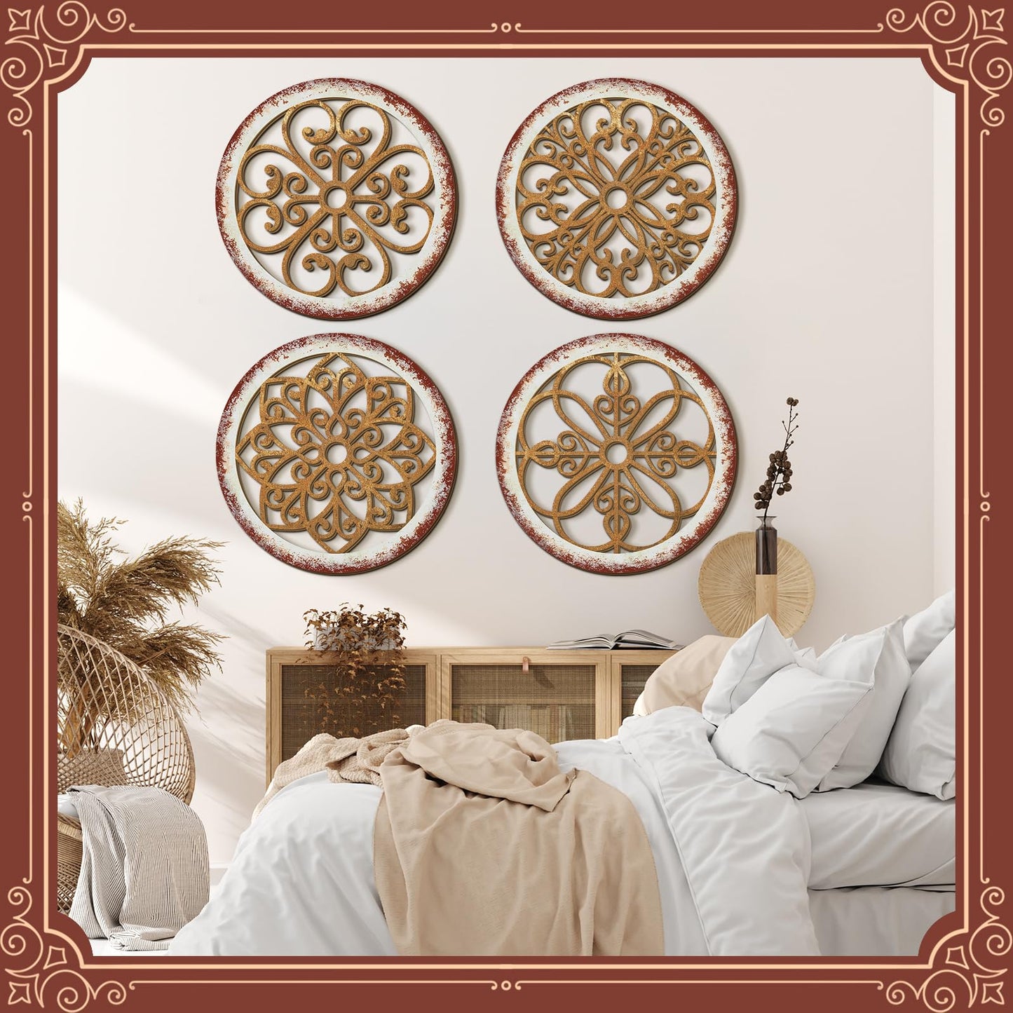 Yulejo 4 Pcs Thicken Rustic Wall Decor Farmhouse Wall Art Wooden Hollow Carved Design Decor Rustic Round Wall Art for Living Room Bedroom Hallway Decor Kitchen Wall (Light Brown,9.8 x 9.8 Inch)