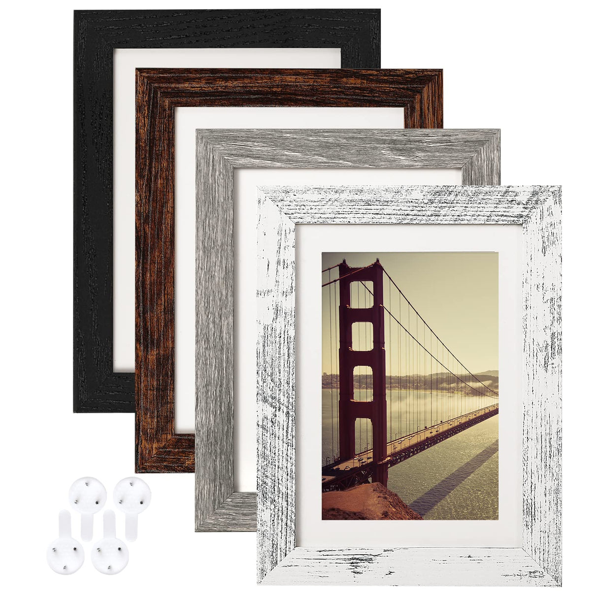 BAIJIALI 5x7 Picture Frame Distressed Farmhouse Wood Pattern Set of 4 with Tempered Glass,Display 4x6 with Mat or 5x7 Without Mat,Multicolour BAIJIALI