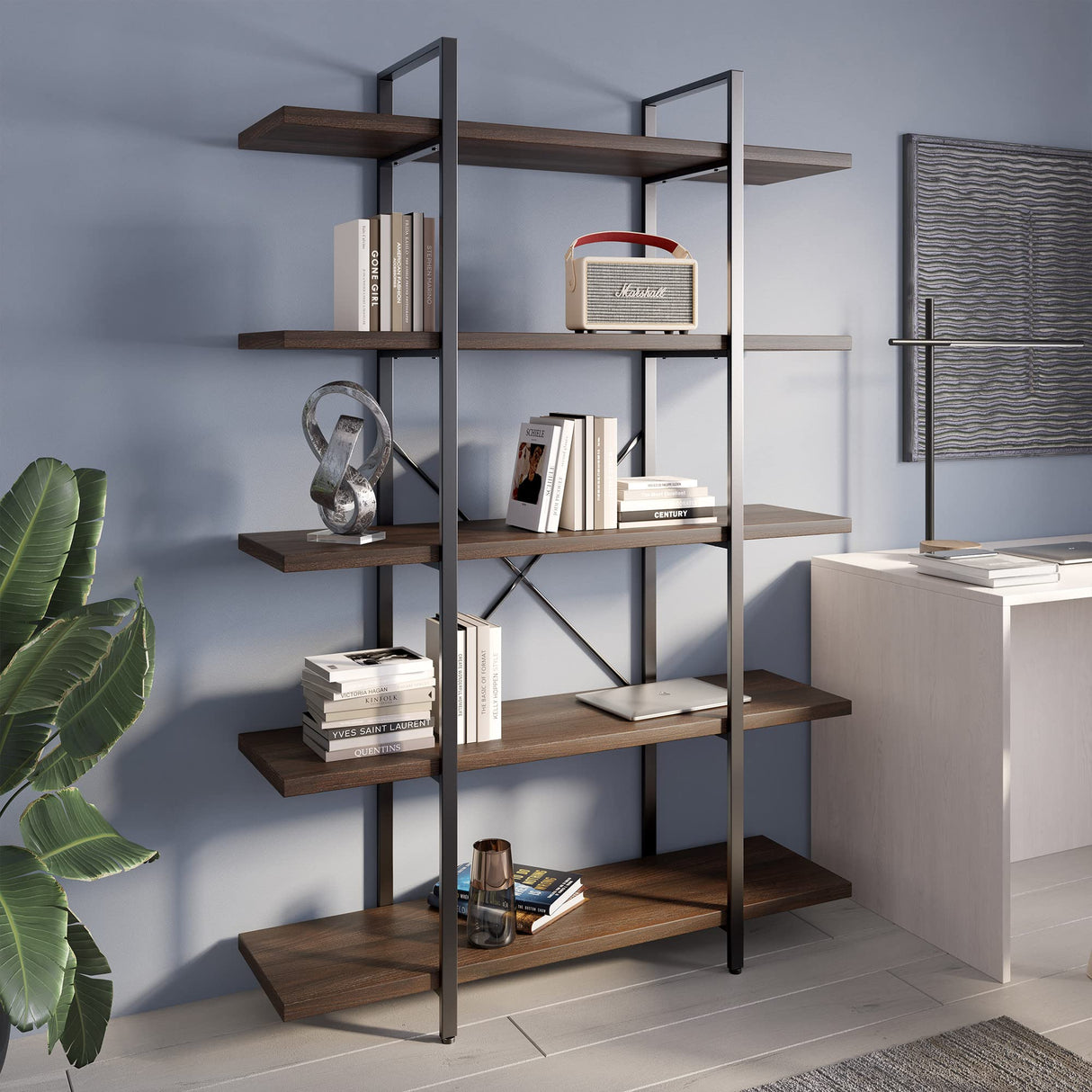 BELLEZE 70-Inch Dark Walnut 5-Tier Industrial Bookshelf with Metal Frame BELLEZE
