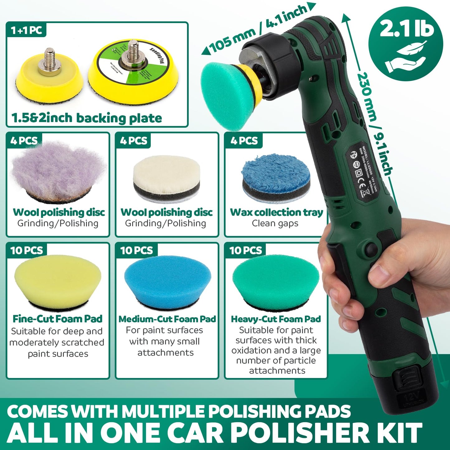 KUIMIT Cordless Mini Car Polisher, 12V Mini Polisher with 2/1.5 inch Backing Plate， RO/DA Mini Car Polisherwith 6 Variable Speeds 2500-6000RPM & 2x2.0Ah Batteries for polishing, Sanding and C - WoodArtSupply