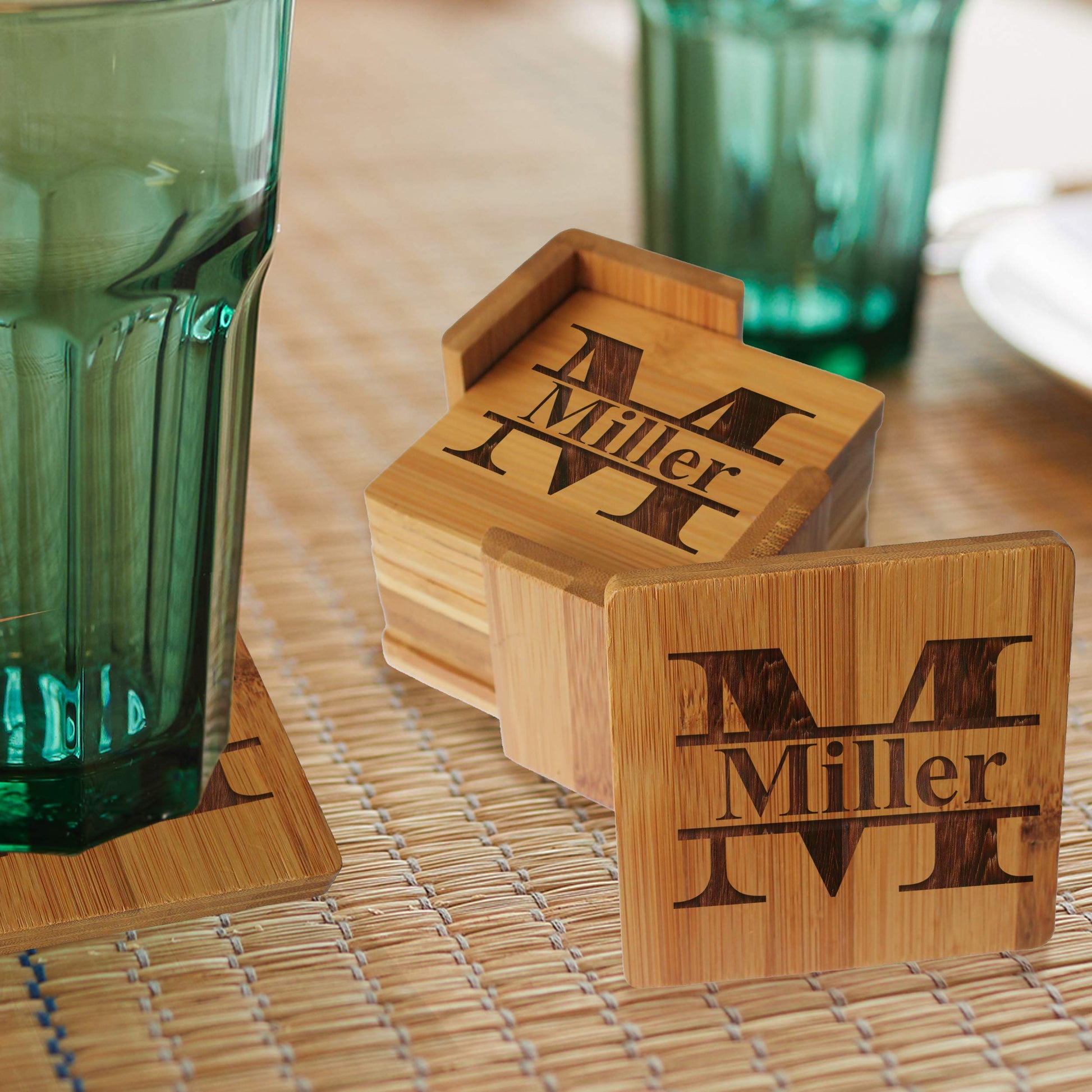 Personalized Coasters - Bamboo Coasters for Drinks with Holders - 7 Piece Set (Square) - WoodArtSupply