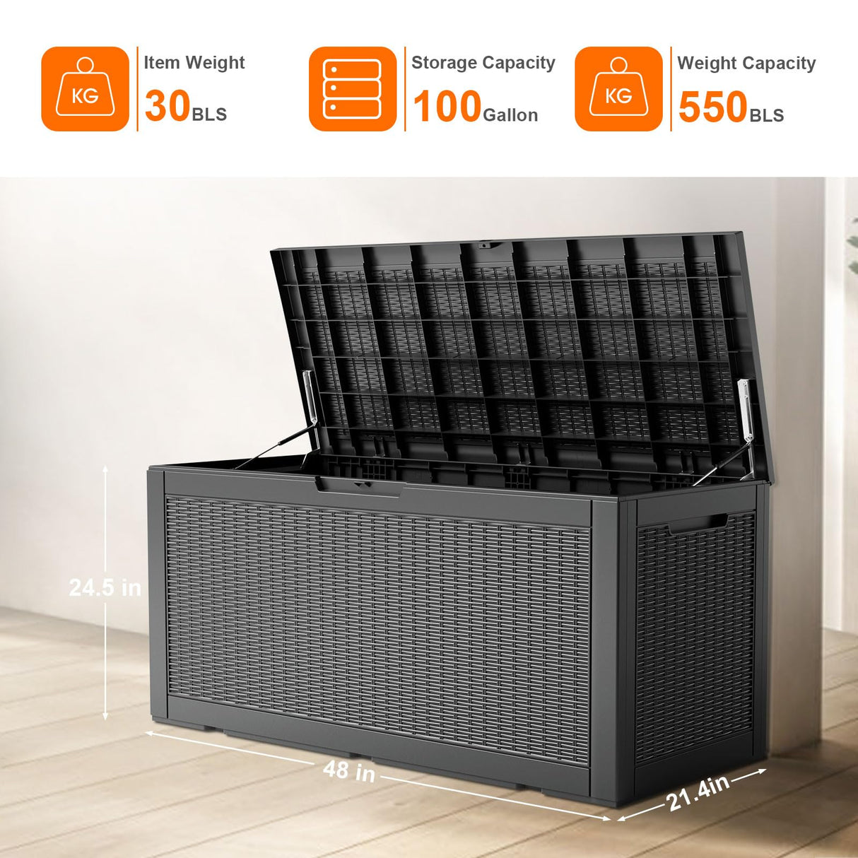 100 Gallon Resin Deck Box, Lockable Patio Outdoor Storage Box for Furniture, Garden Tools and Tools Storage, Waterproof Outside Storage Boxes - Black PatioZen