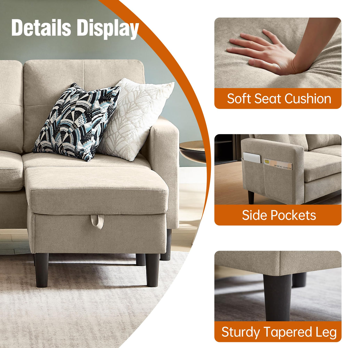 Pingliang Home 79" Sectional Sofa Couches for Small Spaces, L Shaped Couch with Storage Ottoman, 3 Seats Sectional Sofas for Living Room, Apartment-Friendly Couch, Easy Assembly Fabric Sofa (Beige) Pingliang Home