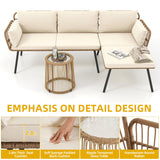 DWVO 3 Pieces Patio Furniture Set, Wicker Conversation Sectional Sofa, L-Shaped Sofa with 4 Seater for Backyard, Porch, Boho Detachable Lounger with Cushions and Coffee Table - Beige DWVO