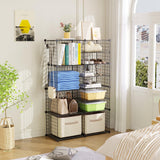 C&AHOME Wire Cube Storage Unit, Interlocking Metal Wire Organizer with Divider Design, Modular Cabinet with Plastic Panels, Bookshelf Stackable Closet Organizer with Small Hooks, Black UWCSIM08B C&AHOME