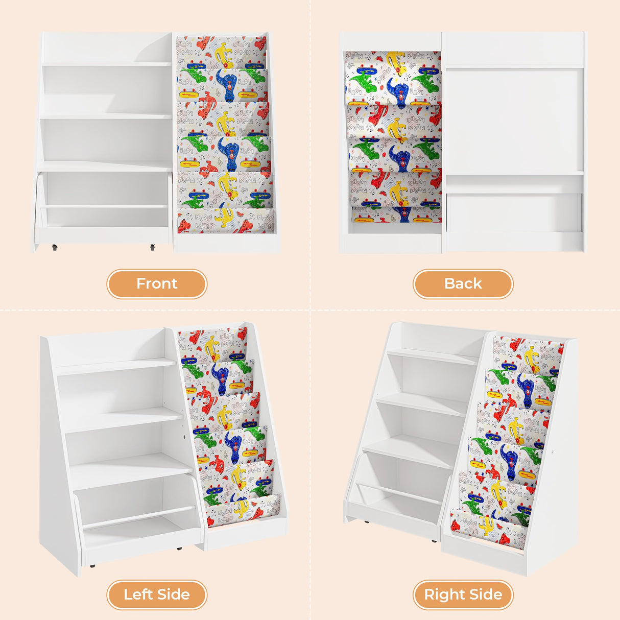 IRONCK Kids Bookshelf and Toy Storage, 42" Wide Large Toddler Bookshelf with Movable Drawer and 5 Sling Pockets, Montessori Book Shelf for Kids Rooms-White IRONCK