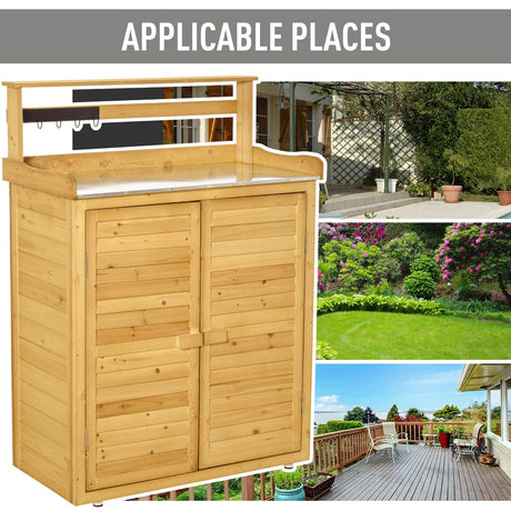 Outsunny Garden Potting Bench Table Wooden Workstation Shed with Tabletop, Hooks, 3-Tier Shelves Cabinet and 2 Magnetic Close Doors Outsunny