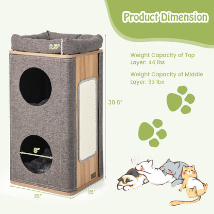 Tangkula 3-Story Cat Tree Condo, Wooden Cat House with Scratching Board, 2 Hideaways & Removable Soft Top Plush Bed, Modern Barrel-Shaped Cat Tower Furniture for Indoor Cats (Grey)