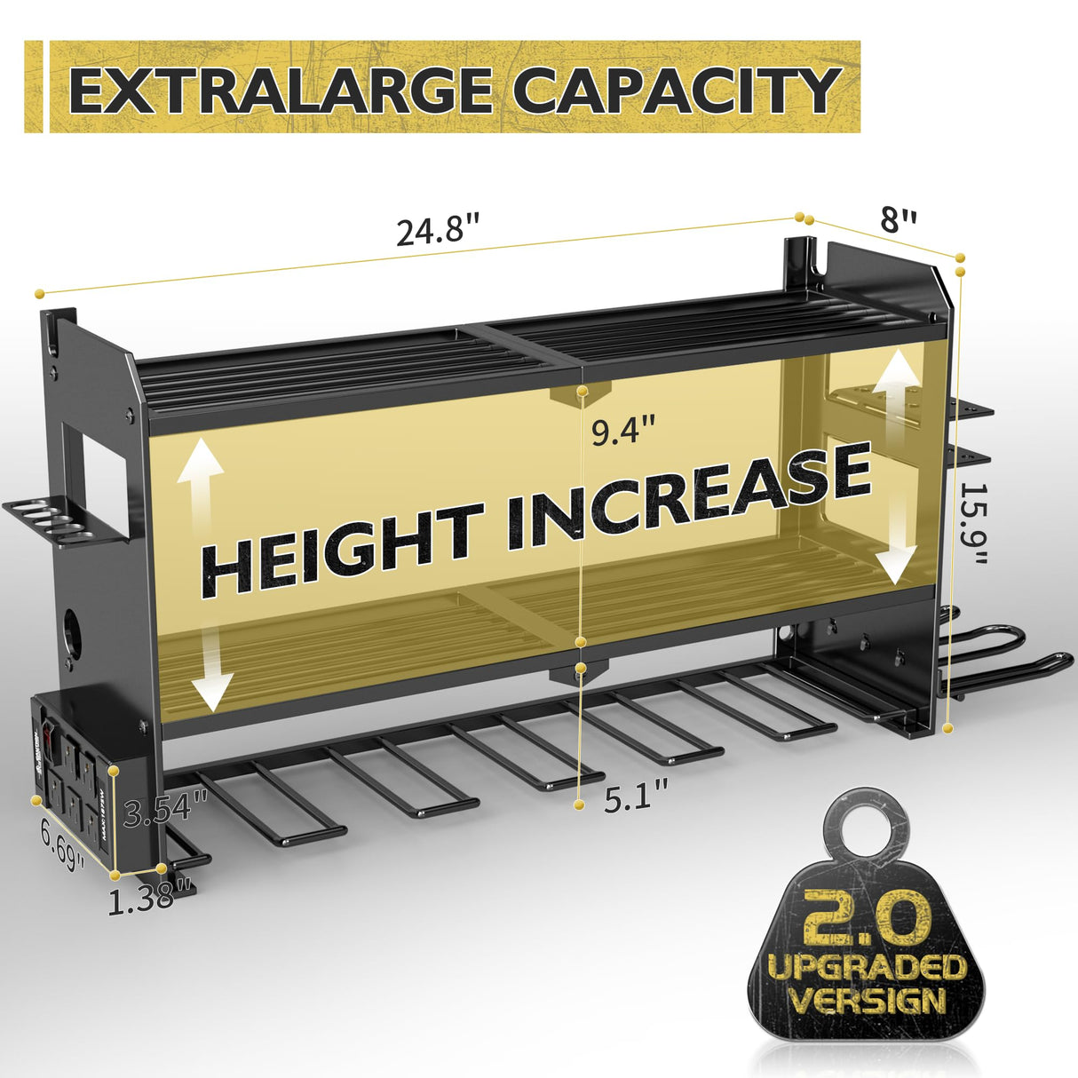 Power Tool Organizer Wall Mount with Charging Station, Cordless Drill and Battery Holder Shelf for Garage Organization,Heavy Duty Metal Tool Rack Storage, Load 300lbs, Built in 5 Outlet Power Strip massooan