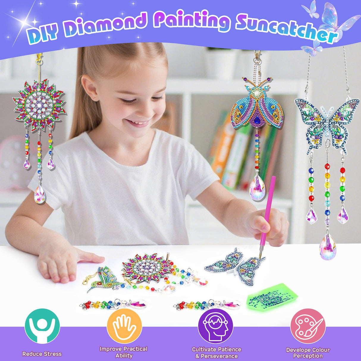 5Pcs Diamond art Kits for Kids/Adults, Crafts for Kids Ages 8-12, DIY Diamond Painting art Wind Chimes Crystal Window Suncatcher Craft, Birthday Gifts for 7 8 9 10 11 Year Old Girls, Home Garden Decor Mulyric