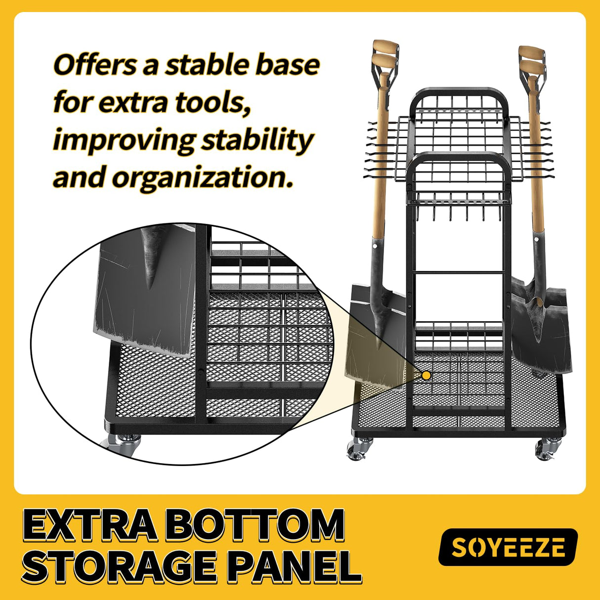 SOYEEZE Garden Tool Organizer with Lockable Wheels, Heavy Duty 3-Tier Yard Tower Tool Rack for Garage, Holds Up to 35 Long-Handled Tools, Garden Tool Cart with 12 Hooks for Tool Organization Storage SOYEEZE
