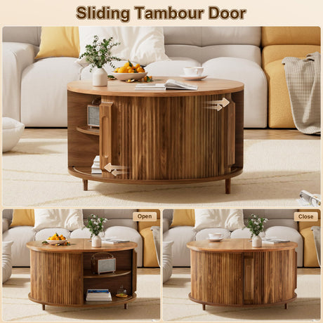 YKVIQBY Round Lift Top Coffee Table, 31.5" Fluted Wood Accent Coffee Table with 180° Curved Sliding Door, Hidden Storage, Mid Century Modern Center Table for Living Room Office Small Spaces, Walnut YKVIQBY