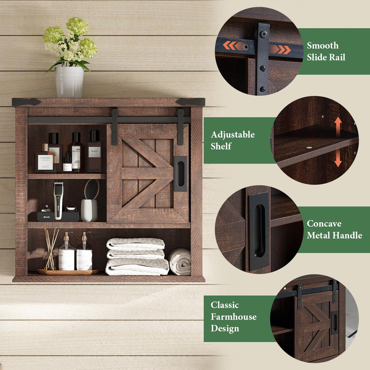 AMERLIFE 24" Wall Cabinet, Farmhouse Storage Cabinet with Sliding Barn Door & Adjustable Shelf, Cabinet Wall Mounted for Bathroom, Kitchen, Living Room, Reclaimed Barnwood AMERLIFE