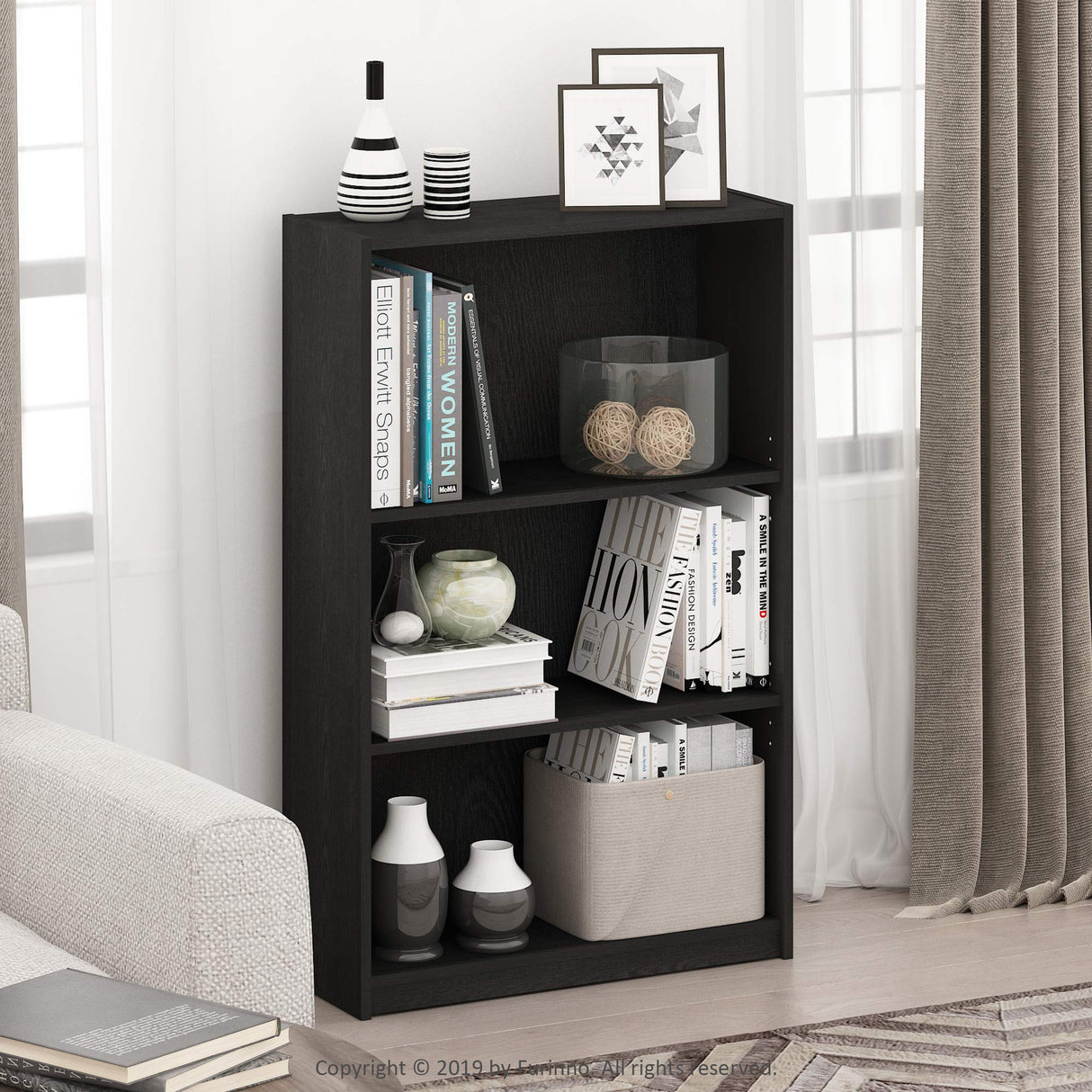 Furinno JAYA Book Shelf, 3-Tier Bookshelf, Bookcase with Adjustable Shelves, 9.5 x 24.5 x 40.3, for Living Room, Bedroom, Home Office, Blackwood Furinno