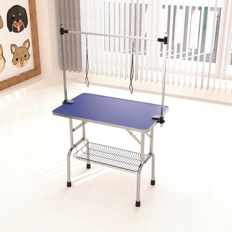 Folding Dog Pet Grooming Table Stainless Steel Frame Rubber Mat On Board With Adjustable Arm And Clamps Pet Dog Cat Grooming Table HouseOfZazla