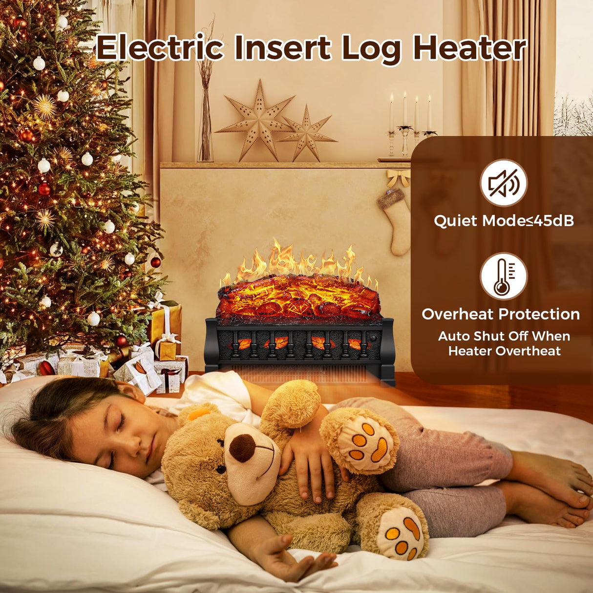 Joy Pebble Electric Fireplace Insert Log Heater 21",750W/1500W Adjustable 5 Flame Brightness,5 Speed Mode,Fireplace Insert with Realistic Ember Bed and Traditional Brown Log,Remote Control Joy Pebble