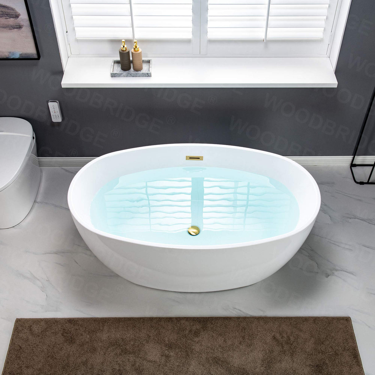 WOODBRIDGE 55" Acrylic Freestanding Bathtub Contemporary Soaking White Tub with Brushed Gold Overflow and Drain,B1418-BG WOODBRIDGE