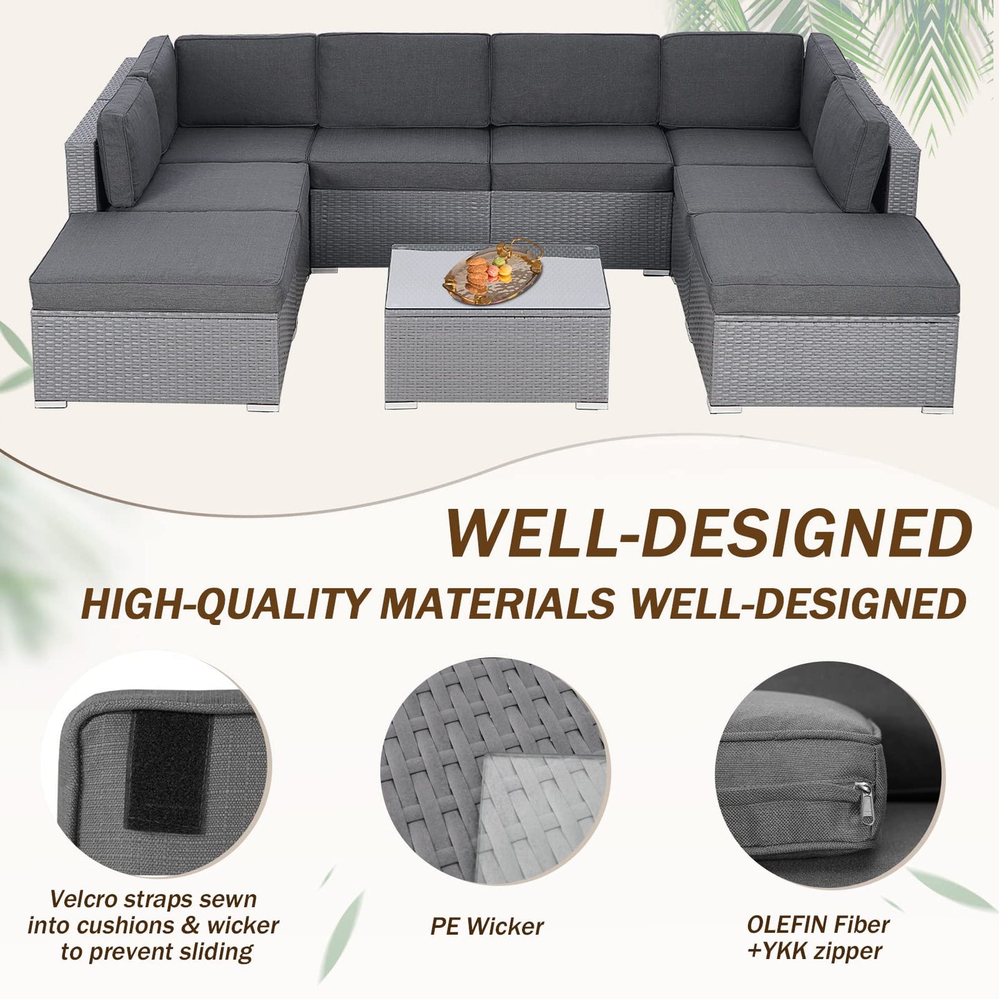 Betterland 9 Piece Outdoor Sectional Sofa Patio Furniture Set, All-Weather PE Grey Wicker Patio Conversation Set with Washable Cushion and Glass Table(Grey Cushions)