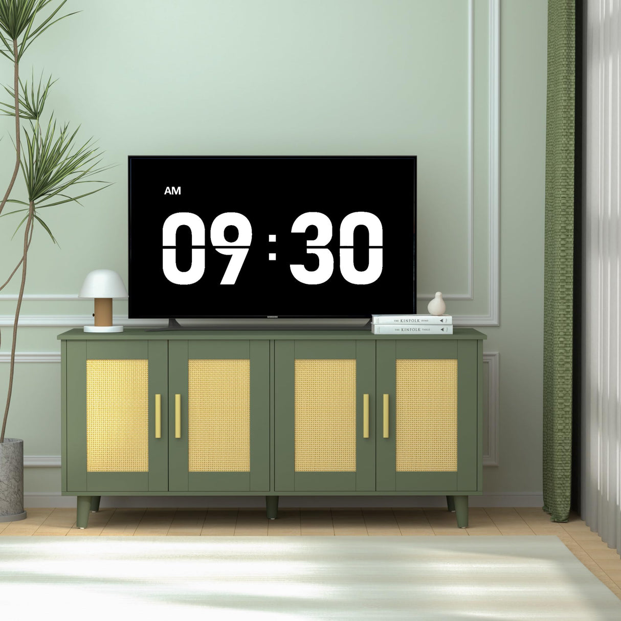 Homhedy Boho Cat Litter Box Enclosure for 2 Cats, Wooden Cat Washroom Furniture with Double Rattan Decorated Doors, Pet House,47.2”L x 19.7”W x 21.7”H, Green Homhedy