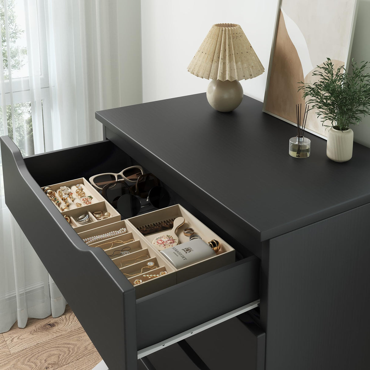 Black Tall 5 Drawer Dresser for Bedroom with Hidden Storage Design, Large Modern Closet Dressers & Chests of Drawers with Cut-Out Handles, 27.6" L*15.8" W*45.3" H for Bedroom, Living Room, Nursery Jocoevol