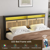 affeivul Boho Bed Frame Queen Size with Headboard, Rattan Bed Frame with Led Lights, Farmhouse Bed Frame with Storage, Charging Station and Cat Cabinet, NO Box Spring Needed, Metal and Wood Combine affeivul
