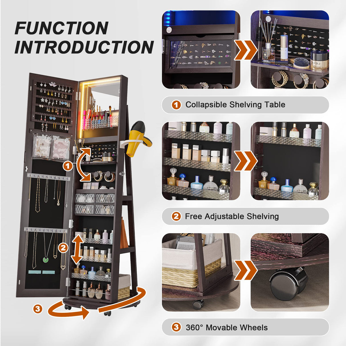 HNEBC 360° Swivel Jewelry Armoire with Mirror, LED Mirror Jewelry Cabinet Standing, Full Length Mirror with Jewelry Storage, Standing Jewelry Organizer/Lockable Wheels/Foldable Makeup Shelf (Brown) HNEBC