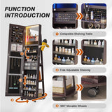 HNEBC 360° Swivel Jewelry Armoire with Mirror, LED Mirror Jewelry Cabinet Standing, Full Length Mirror with Jewelry Storage, Standing Jewelry Organizer/Lockable Wheels/Foldable Makeup Shelf (Brown) HNEBC