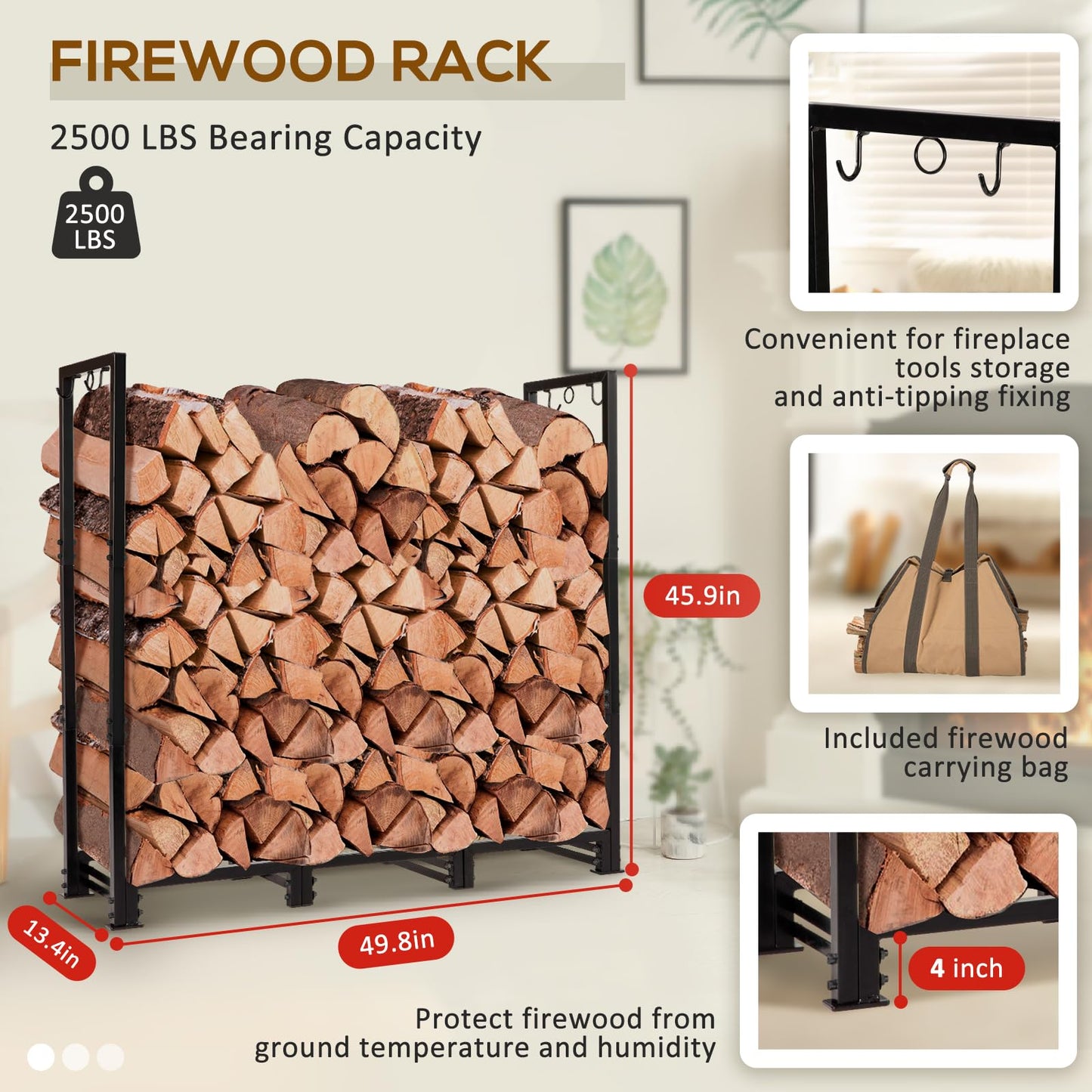 LOENIY 4ft Firewood Rack Outdoor with Waterproof Widened Cover, Heavy Duty Firewood Holder includes Hooks, Powder-coated Wood Rack with Carrier Bag, Firewood Storage Rack for Fireplace Deck P - WoodArtSupply