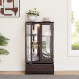 Lighted Glass Cabinet Curio Display Cabinet with Adjustable Glass Shelves 2 Doors and 1 Drawer Farmhouse Buffet Sideboard, Bulb Included, Brown Bituman