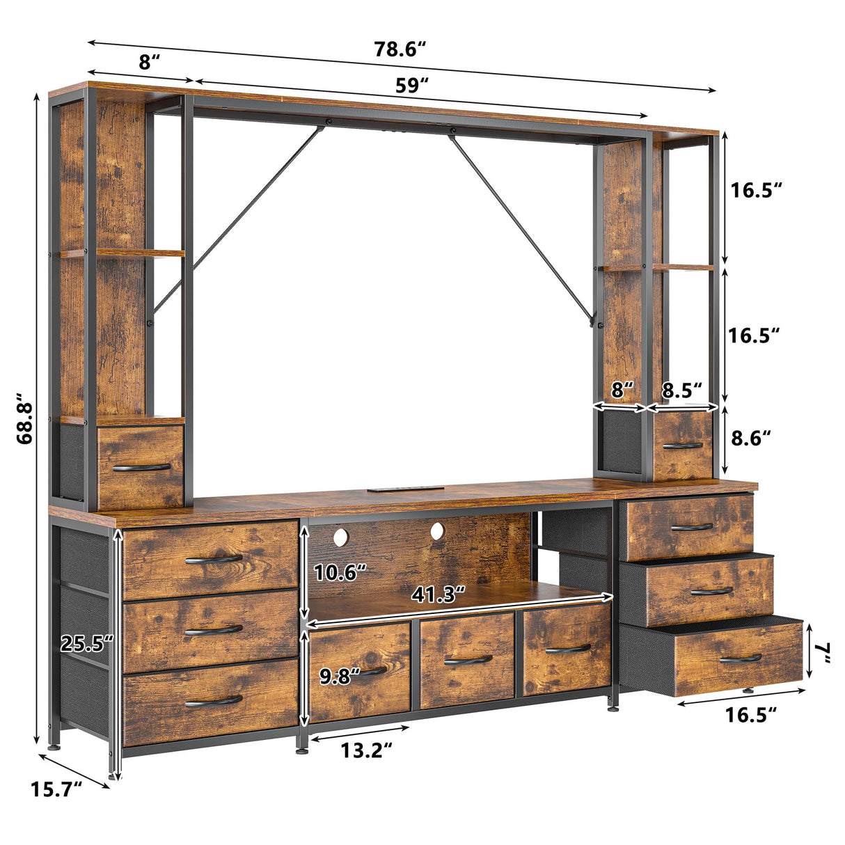 78.6" W TV Stands for Living Room, Large Wall Unit Entertainment Center with 11 Fabric Drawer,Dresser TV Stand with 2 LED Lights & Power Outlets,TV Stand for Bedroom with Storage Shelves,Brown EnHomee