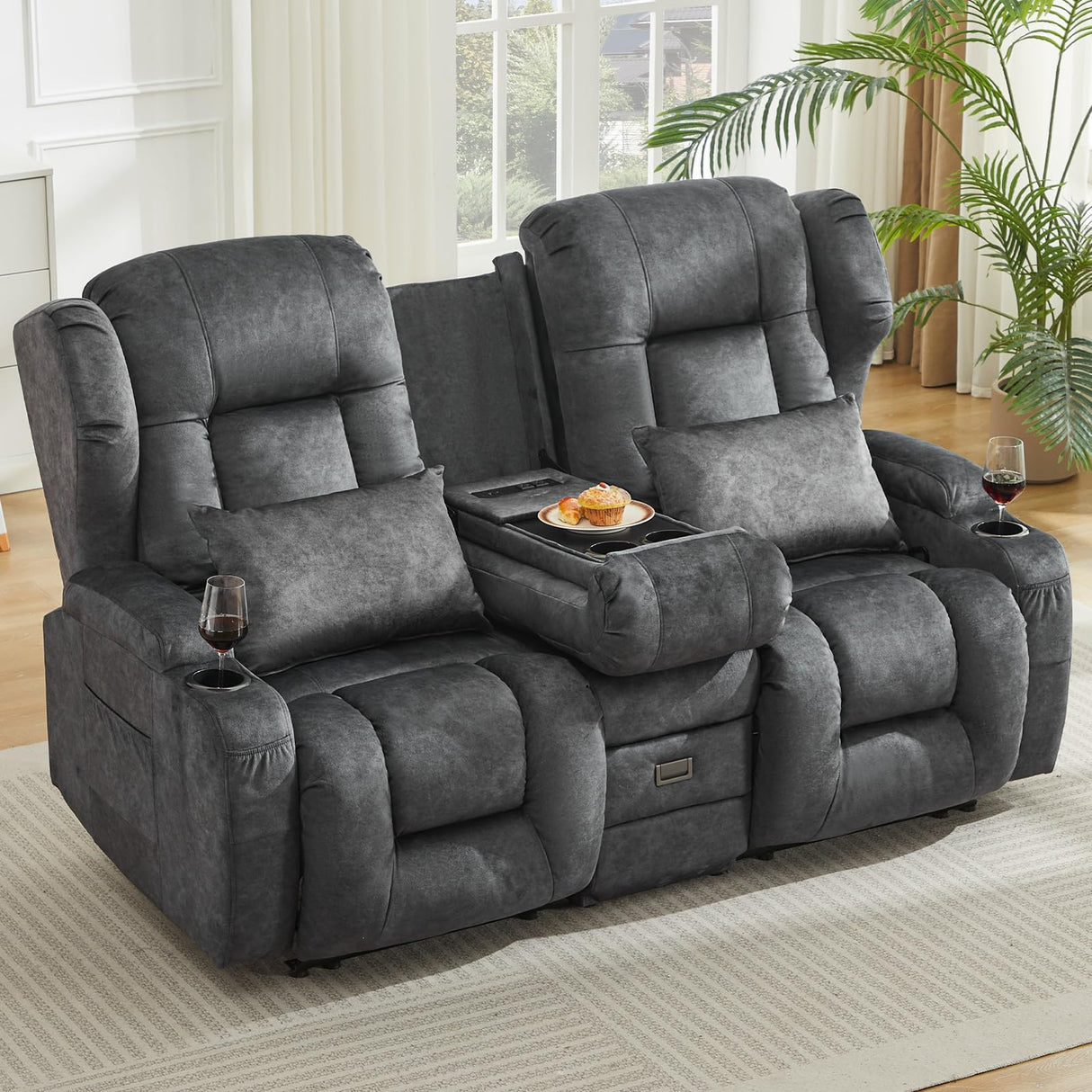 SAMERY 68" RV Loveseat Recliner Sofa, 6" Wall Hugger Reclining Loveseat with Flip-Down Console, Manual Velvet Recliner Sofa Couch for Living Room RV Theater Seating with Cup Holder SAMERY