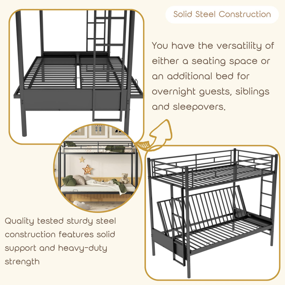 Twin Over Futon/Full Bunk Bed, Bed Frame with Sturdy Steel Frame, Convertible Metal Bunk Bed Couch and Bed with Guard Rail Ladder for Kids Adults Teens,Black Bellemave
