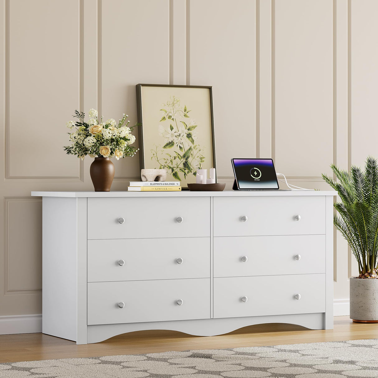 Furmax Dresser for Bedroom with Power Outlet, 6 Wood Dresser, Chest of Drawers, for TV up to 65 inch, TV Stand Storage Chest of Drawers for Hallway Entryway (White) Furmax