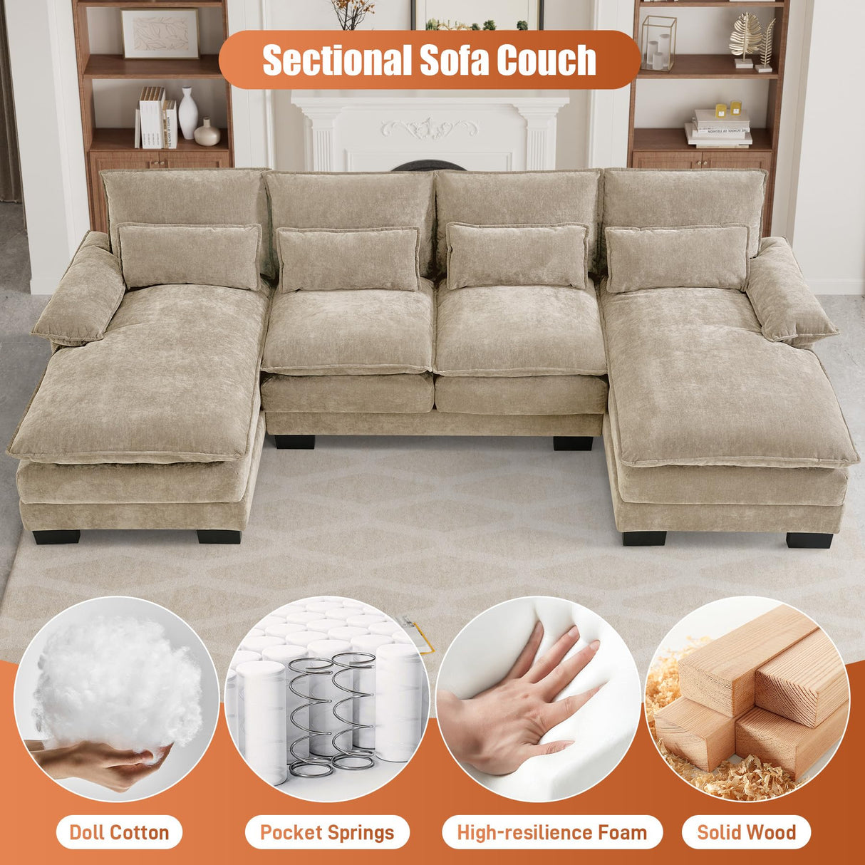 OUYESSIR 110" U Shaped Cloud Sectional Sofa with Deep Seat Cushions, Modern Comfy Chenille Couch, 4 Seater Fluffy Sectional Couches for Living Room with Double Chaise(Light Brown) OUYESSIR