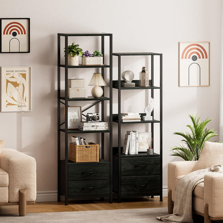 Furnulem 5-Tier Corner Shelf, Narrow Bookshelf with 2 Storage Drawers, 65.16" Tall Bookcase, Standing Shelf Organizer Unit for Living Room, Bedroom, Metal Frame, Wood Display Shelf(Black Oak) Furnulem