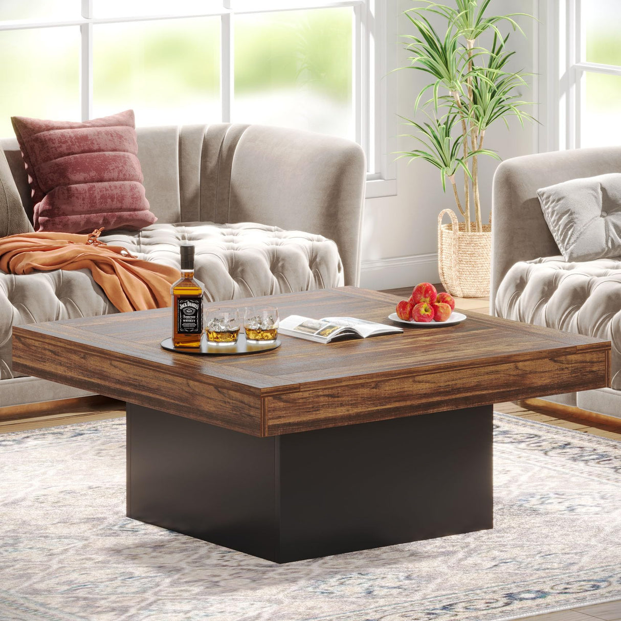 Tribesigns Coffee Table Square LED Coffee Table Engineered Wood Low Center Cocktail Tables for Living Room (Rustic Brown+Black) Tribesigns