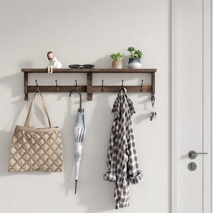 VERTORGAN Coat Hooks, Wood Rack Wall-Mounted, 31.5 Inch Entryway Shelf with 10 Hooks (Brown)