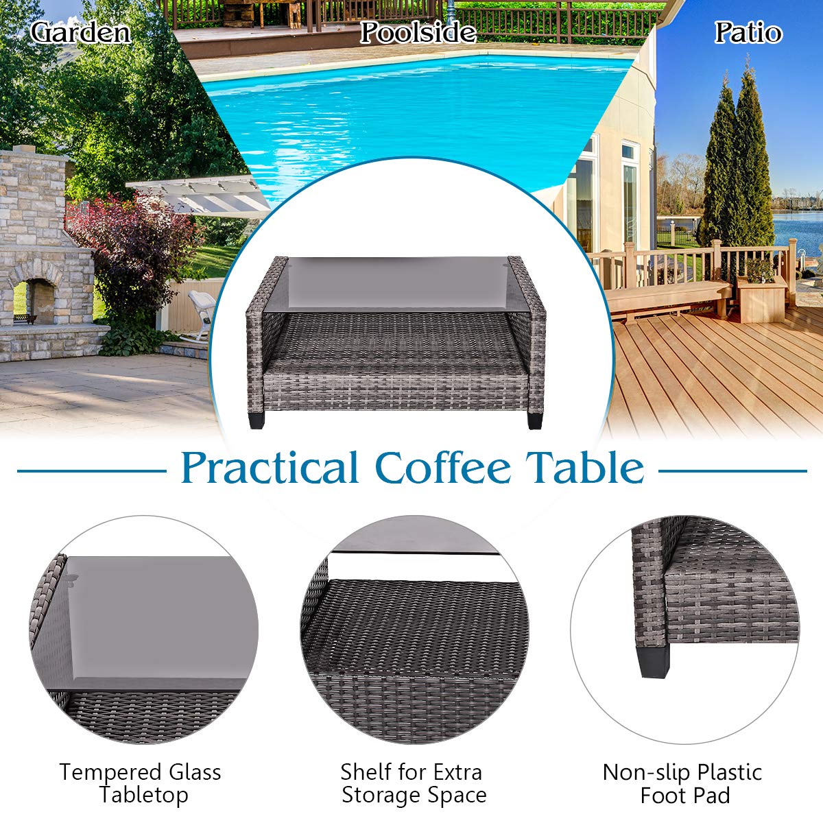 Tangkula 4 PCS Patio Wicker Conversation Furniture Set, Outdoor Rattan Sofa Set with Padded Cushion & Tempered Glass Coffee Table, Wicker Sectional Sofas & Table for Courtyard Balcony Garden  - WoodArtSupply