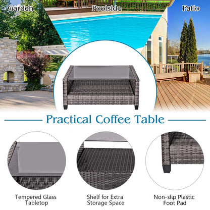 COSTWAY 8PCS Patio Rattan Furniture Set Coffee Table Cushioned Sofa Garden Lawn Gray - WoodArtSupply