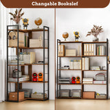 RKVPCNE 5 Tier L Shaped Bookshelf Wood Bookcase with 2 Hooks Modern Corner Bookshelf Library Industrial Shelving Book Case Adjustable Book Shelves for Bedroom Living Room Home Office Rustic Brown RKVPCNE