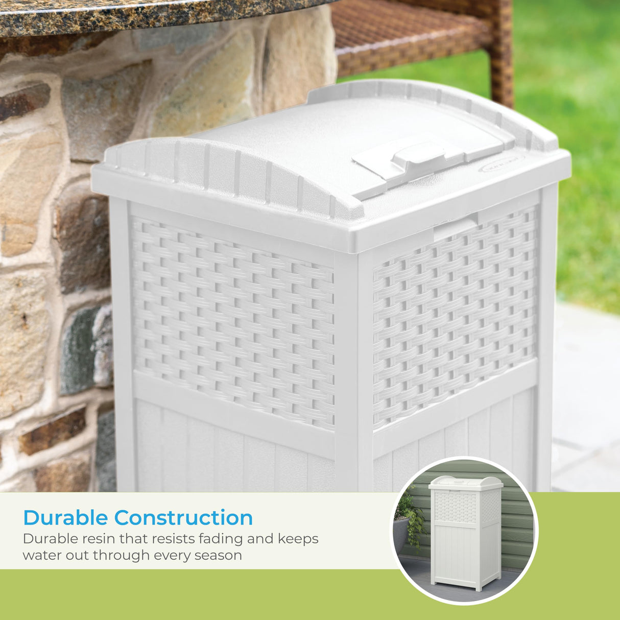 Suncast 33 Gallon Durable Plastic Hideaway Outdoor Garbage Can Trash Bin with Lid and Wicker Design for Backyard, Deck, or Patio, White Suncast
